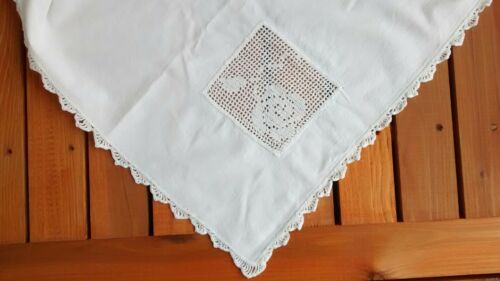 Vintage Crocheted Edge White Cotton Square Tablecloth