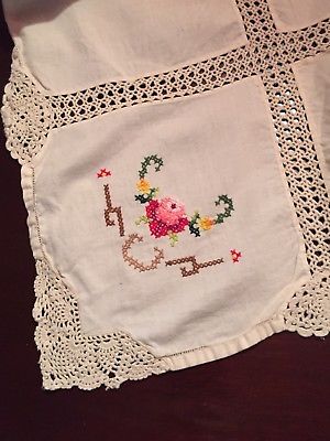 Vintage Cotton Tablecloth Crochet Inserts Cutouts Colorful Flowers 65x48
