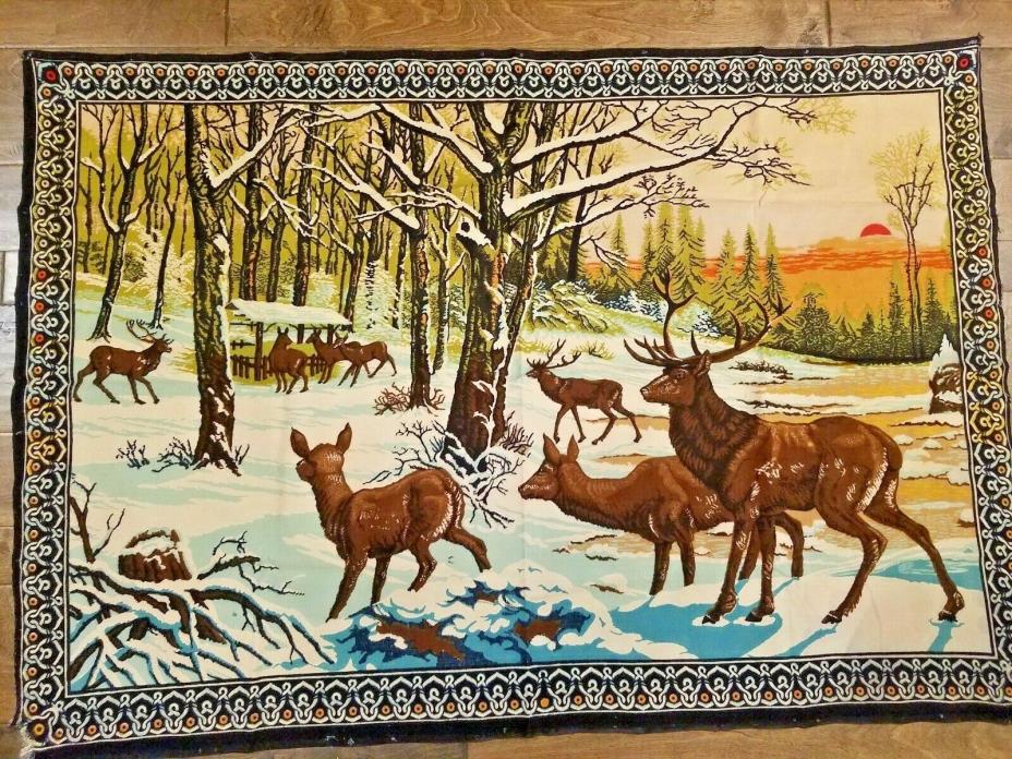 Vintage Large Plush Velvet Rug Wall Hanging Tapestry Stag Deer Buck Doe 56 x 38