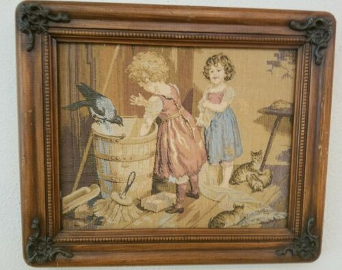 Framed Vintage Tapestry Artist Deoff of little girls and kittens