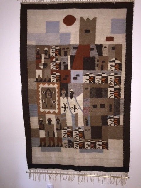 ARTIST SIGNED KERDASSA EGYPT HAND WOVEN WOOL TAPESTRY Village/church 39