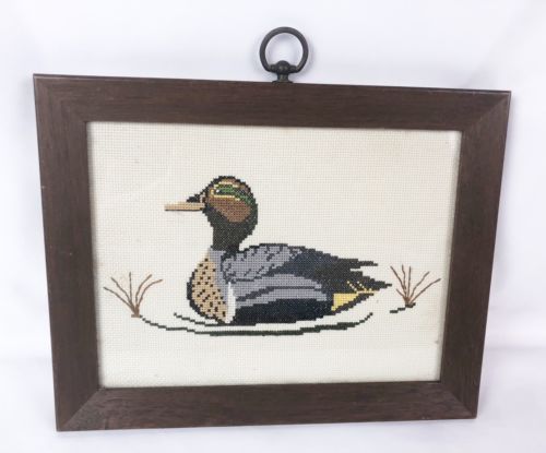 Hand Embroidered Framed Duck Original Vintage Picture