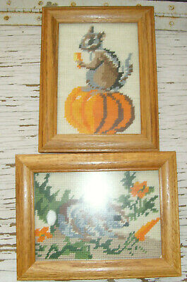 Pair of framed needlepoint pictures squirrel and bunny rabbit in garden chic