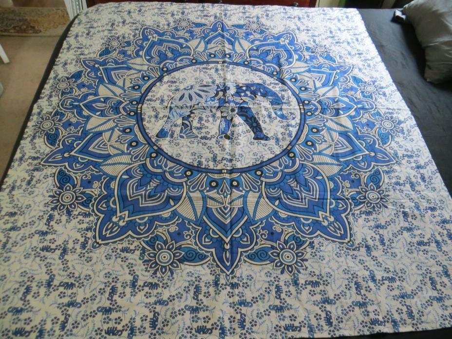 Vintage Psychedelic Elephant Paisley Blue White Black Wall Tapestry Cloth Fabric