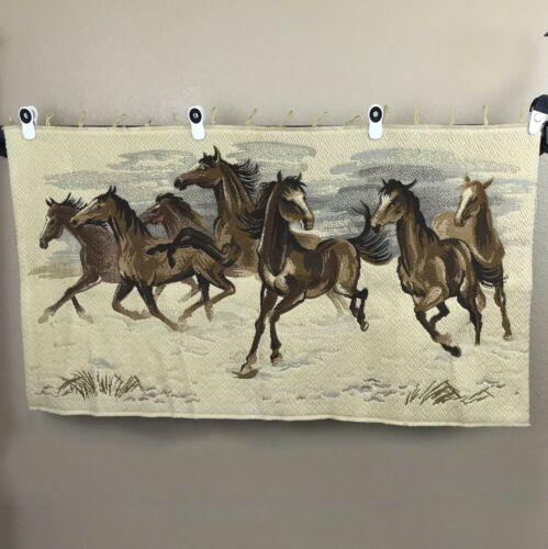Mustang Horses Running Wall Tapestry Woven Beige Prairie Wild Needlework