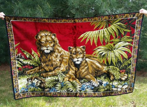 Vintage 1970's Velvet Laying Lions Cat Kitty in Jungle Hanging Wall Tapestry Rug