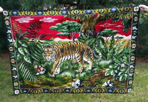Vintage 1970's Velvet Tiger Cat Mean Kitty in Jungle Hanging Wall Tapestry Rug