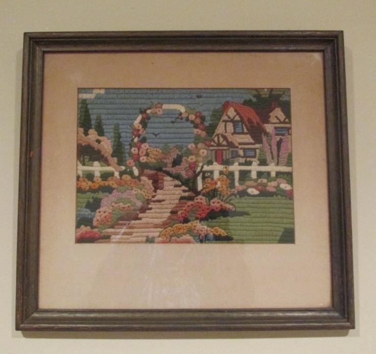 Vintage Framed Long Stich Embroidery COUNTRY COTTAGE WITH GARDEN