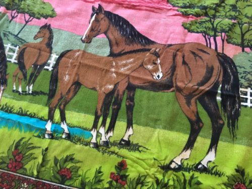 Vtg Tapestry Style Rug or Wall Hanging HORSES Country Farm Pasture