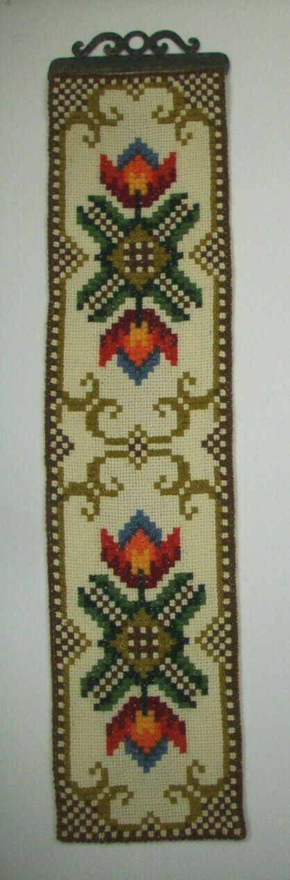 70's? Scandinavian Bell pull tapestry Norway Sweden handmade Smyrna cross stitch