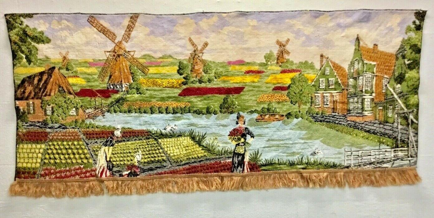 Tapestry~Wall Hanging~Dutch~Windmills~Tulips~Holland~Crops~Fringe~Village~Velour