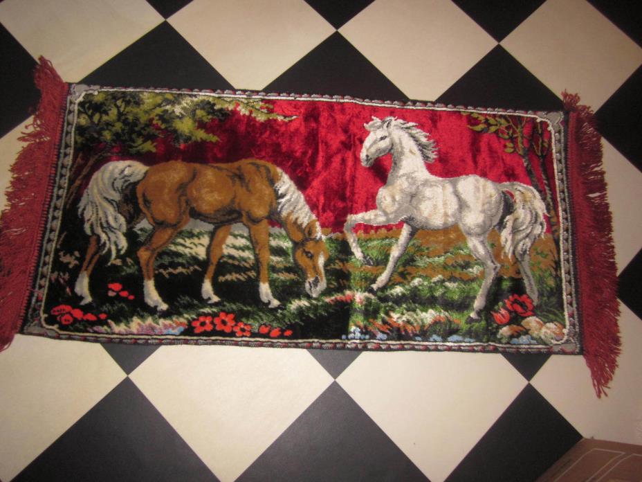 Vintage 60s 70s HORSE TAPESTRY RED throw Rug Wall Hanging carpet art Retro