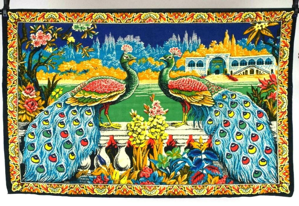 Vtg Velvet Tapestry Peacock Bird Wall Hanging Textile Art Floral Landscape 59
