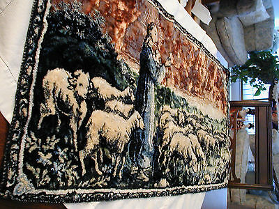 VINTAGE RELIGIOUS TAPESTRY 37X19 THE LORD AND HIS SHEEP WALL HANGING