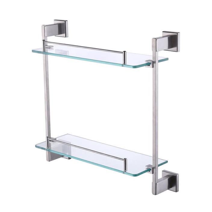 Bathroom Tempered Glass Shelf 2 Tier Stainless Steel Wall Mount Brushed Finish