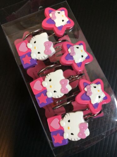 Hello Kitty Hearts / Stars Shower Curtain Hooks Set of 12 Pink Purple Resin NEW