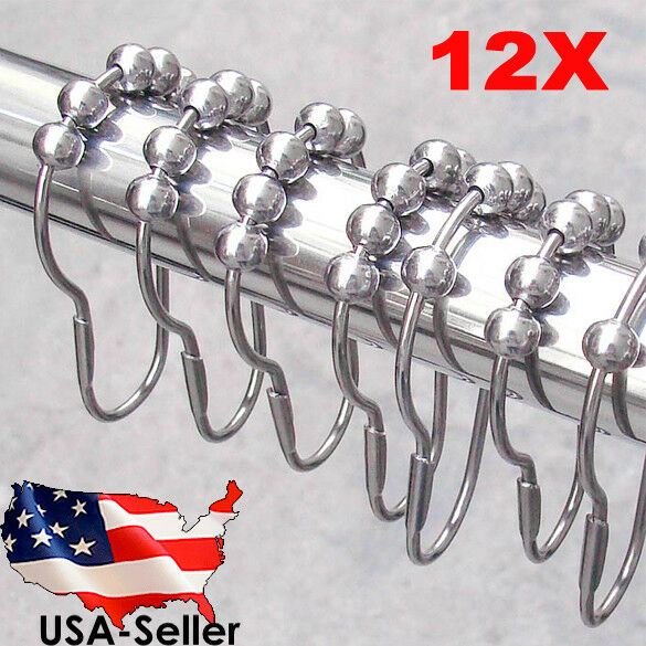 Set-of-12-Brushed-Nickel-Bathroom-Shower-Curtain-Rings-Hooks-with-Roller-Balls