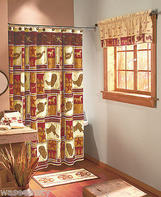 Country Western Lone Star Cowoy Boot Hat Horse Saddle Shower Curtain Bath Set