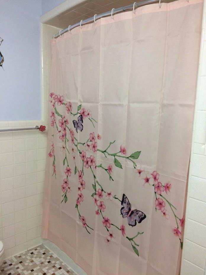 Pink Cherry Blossom Floral Flower Purple Butterfly Bath Shower Curtain Decor