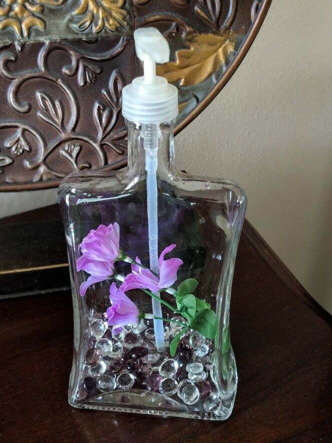 Large Glass Soap Dispenser 3D Purple Flower & Gems 10.75