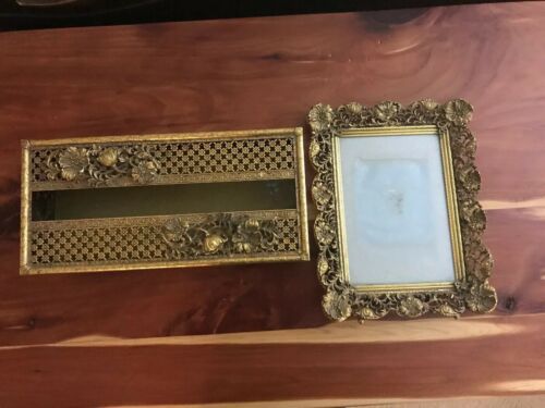 Vintage Gold Brass Filigree Rectangle Tissue Kleenex Box Cover Holder And Frame