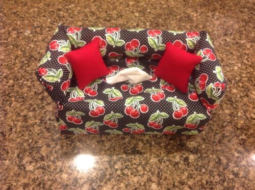 Cherries Tissue Box Cover, Black With White Polka Dots, Red