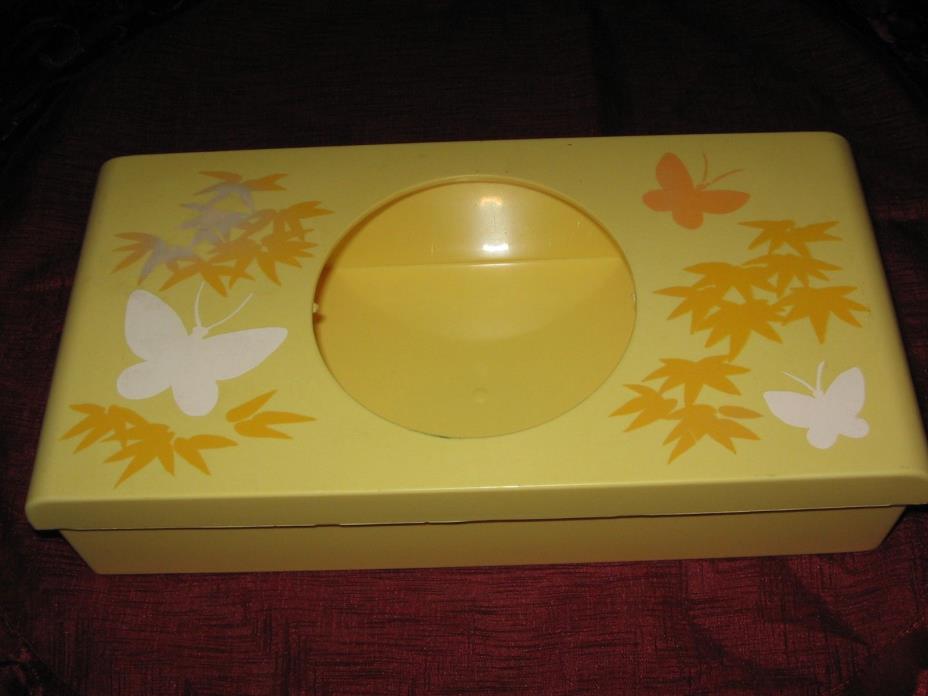 VINTAGE BUTTERFLY & FLORAL TISSUE BOX HOLDER PLASTIC YELLOW ASIAN  MODERN RETRO