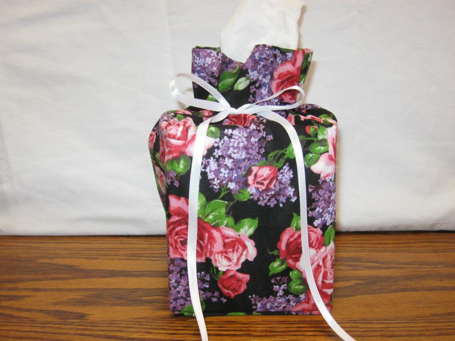 Red Pink Roses Purple Lilacs cotton Fabric Handmade Square Tissue Box Cover ONLY