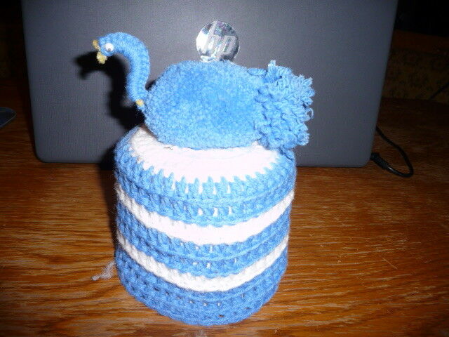 Crochet Toilet Paper Roll Cozy Cover with Swan on Top (Blue & White color)
