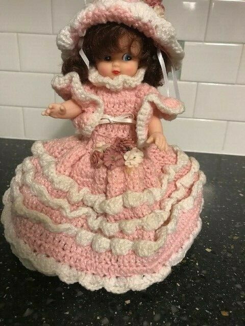 Vintage Southern Bell Doll In Pink Crochet Dress Toilet Paper Cover