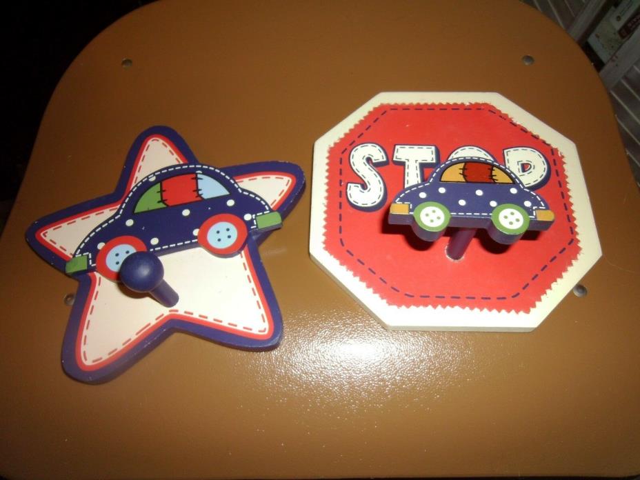 Wood  coat hook pegs, car themed  nursery wall decor, STOP SIGN AND STAR,,