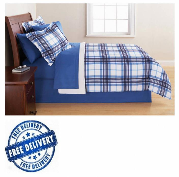 Bedding Set Blue Plaid Bed In Bag Comforter Microfiber Durable Comfort Full size