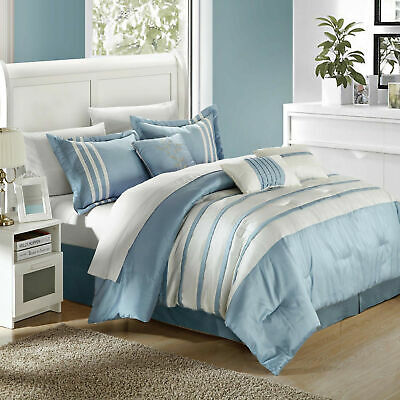 Torino Pleated & Pieced Blue 7 Piece Comforter Bed In A Bag Set