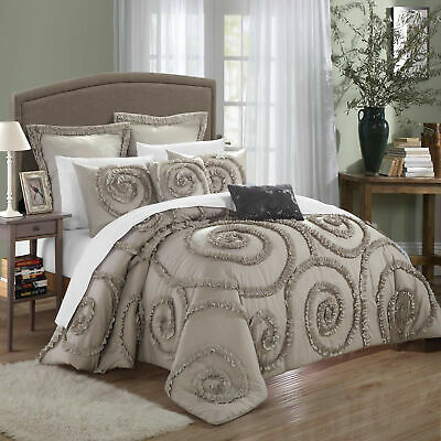 Rosalia Taupe Ruffled Applique 11 Piece Comforter Bed In A Bag Set