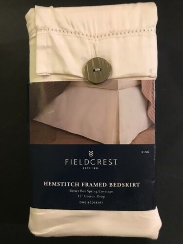 Fieldcrest King Size Hemstitch Framed Bed Skirt Ivory Color 15 Inch Cotton Drop
