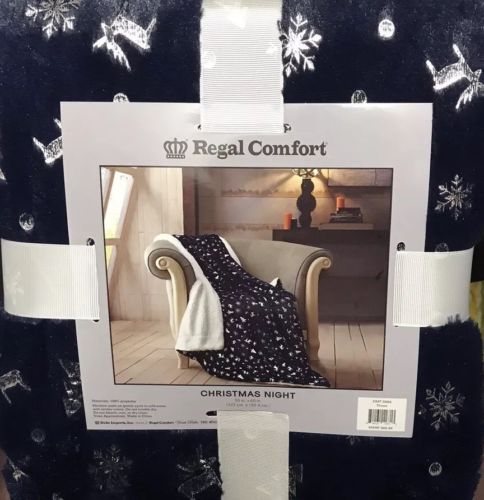 Regal Comfort “Christmas Night” Blue w/Metallic Reversible Sherpa Throw 50 x 60
