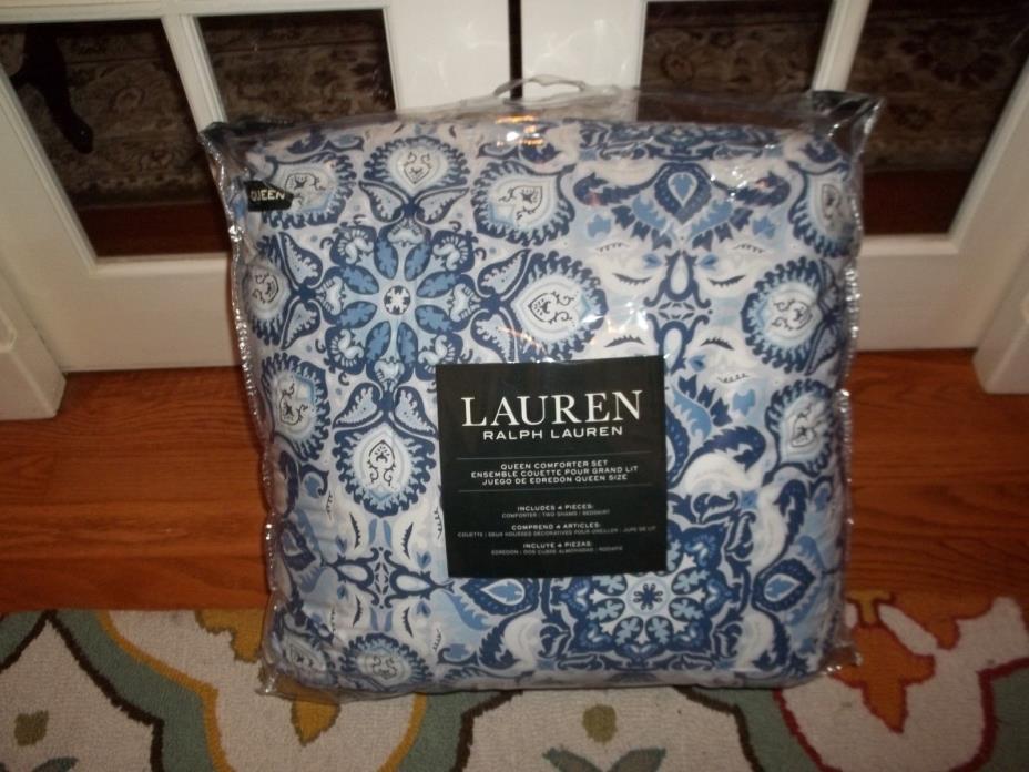 NIP Ralph Lauren Blue White Medallion Floral Queen Comforter Set 4pc