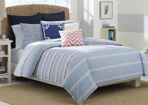 Nautica Destin King 3pc Comforter Set  Stripe Blue Pink White Shams NEW Beach