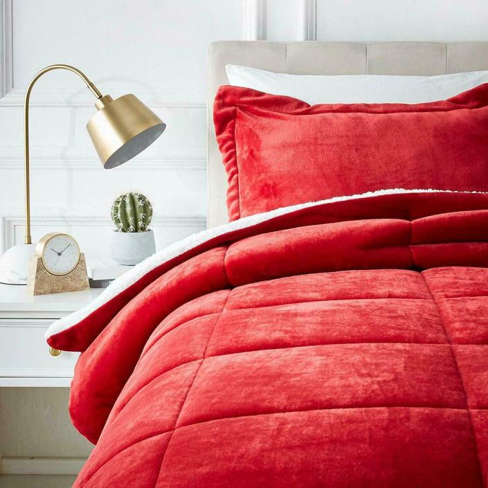 Micromink Sherpa Comforter Set - Ultra-Soft, Fray-Resistant - Full / Queen, Red