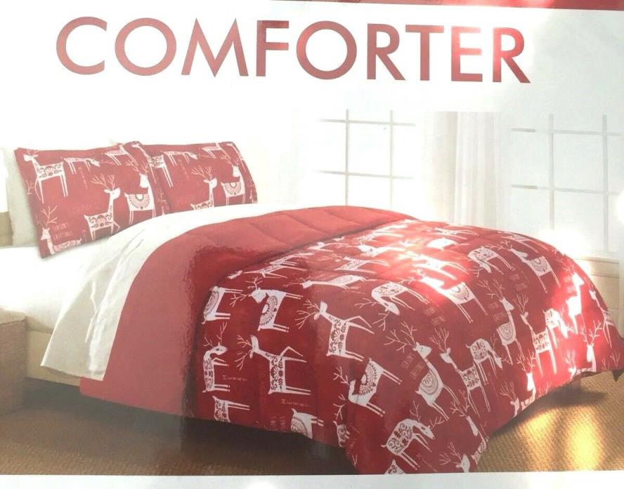 Living Quarters Red Reindeer Reversible Christmas Comforter,  TWIN XL