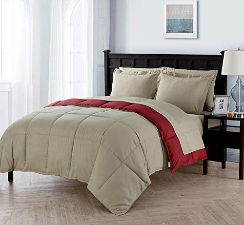 King Size Complete BED-IN-A-BAG Reversible in Taupe / Red Contrasting Colors 7 P