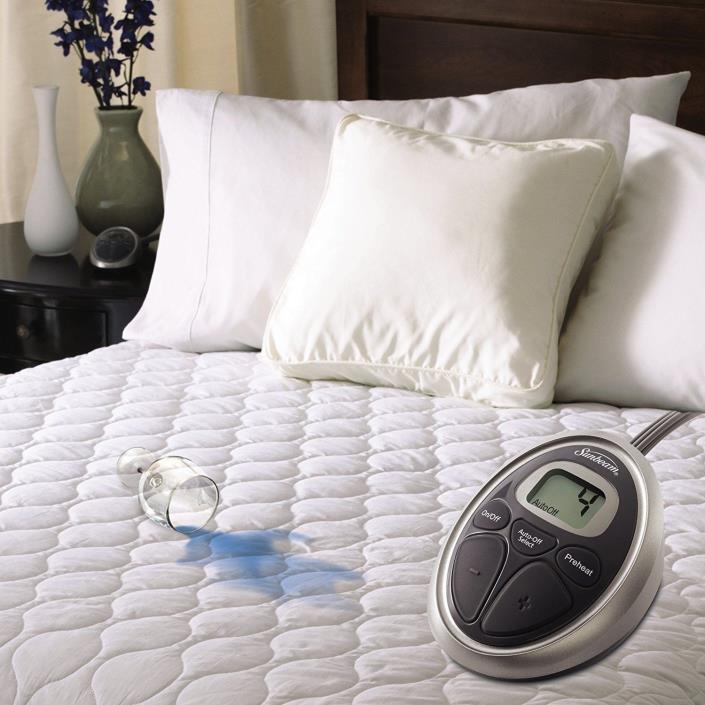 New Sunbeam Waterproof Heated Mattress Pad Size: Full White MSU6SFS-T000-11A00