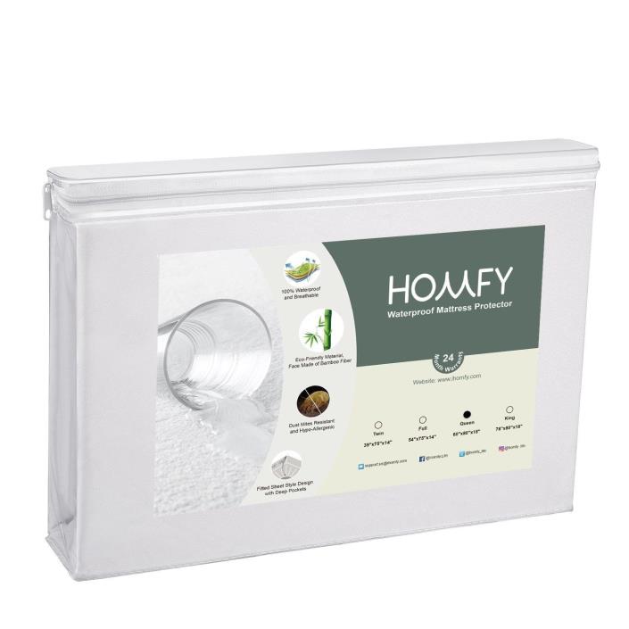 HOMFY Queen Premium Hypoallergenic Waterproof Mattress Protector, Deep Pocket Fi