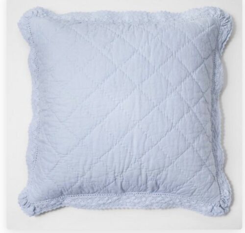 One Simply Shabby Chic Linen Cotton Blend Crochet Trim Blue Euro Sham Nwop