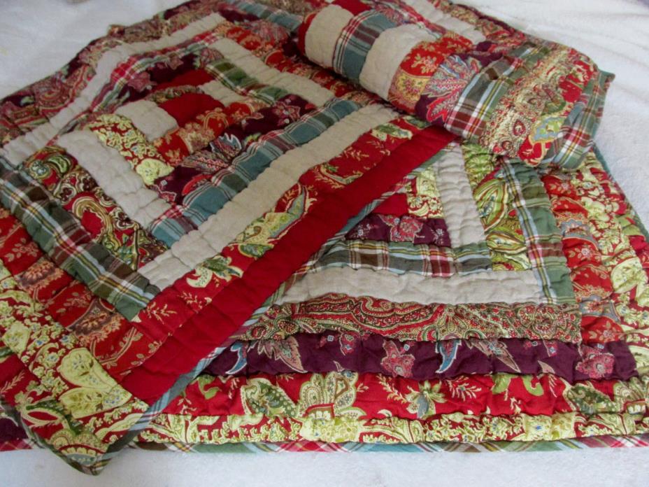 POTTERY BARN QUILTED STITCHED PILLOW SHAMS QTY 3 RED/GREEN/BURGUND PAISLEY PLAID