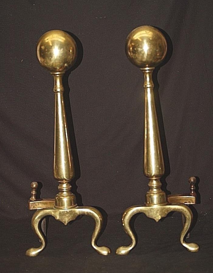 Classic Pair Brass Cannon Ball Top Fireplace Andirons Hearth Ware Home Tool Decr