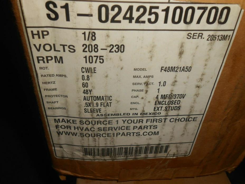 1Source Condenser Fan Motor 1/8 HP 1075 RPM CWLE Model F48M21A50 For YORK  NIB