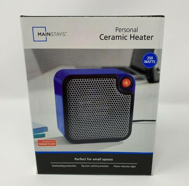 Mainstays Personal Ceramic Heater 250 Watts Blue - Compact Size Small Spaces