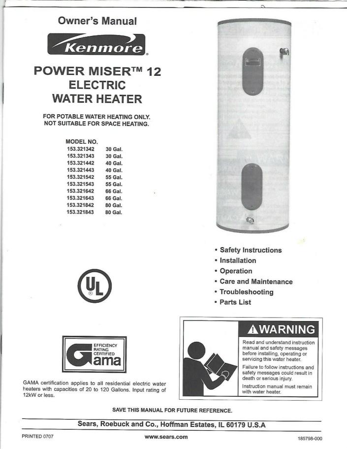 Kenmore Power Miser 12 Electric Water Heater Manual