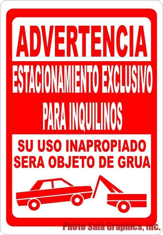 Spanish Sign. Size Options Advertencia Estacionamiento Exclusivo Para Inquilinos